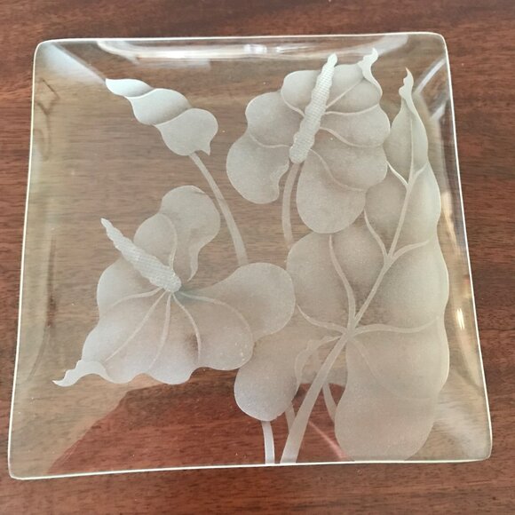 Frank Oda Style Etched Glass Anthurium Square Dish Vintage - Picture 4 of 5